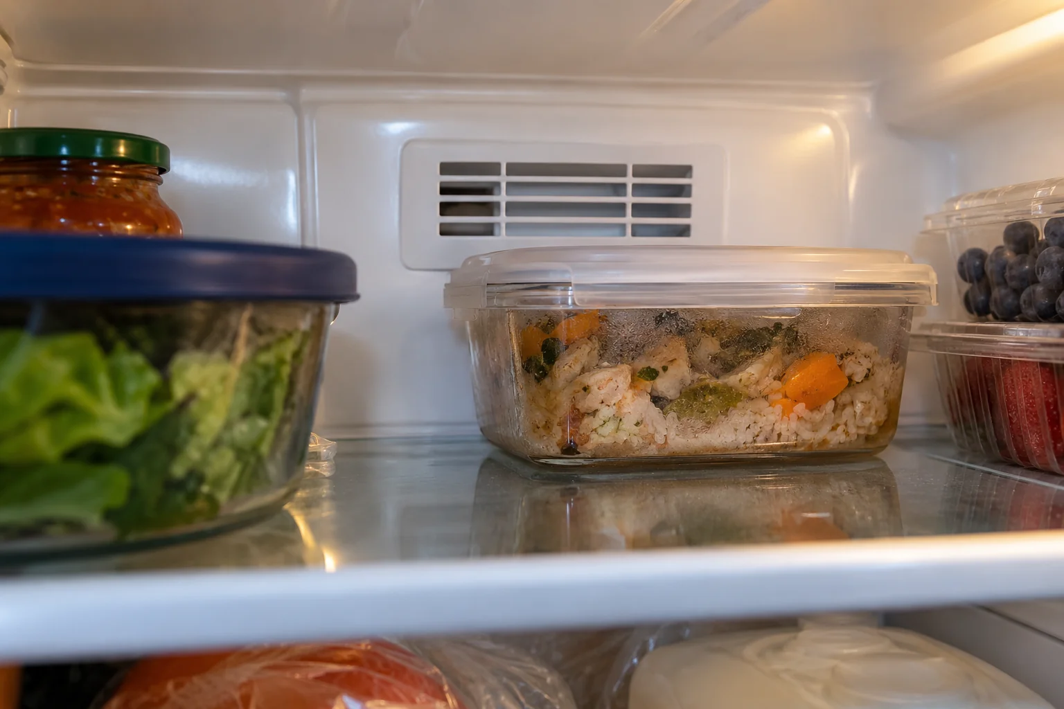 Food containers placed close to a refrigerator's visible interior air vent.
