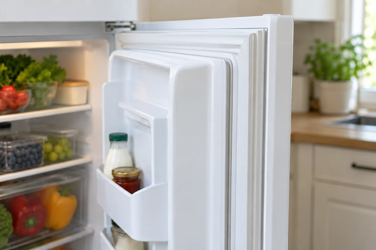 Close-up of a refrigerator door gasket and the matching cabinet rim.