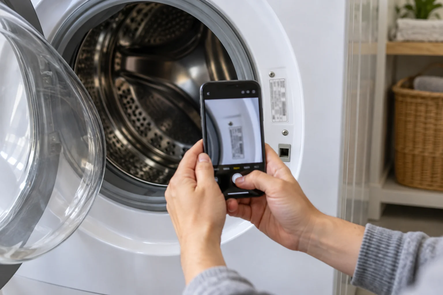 A homeowner photographing a washer's model label near the open door before requesting service.