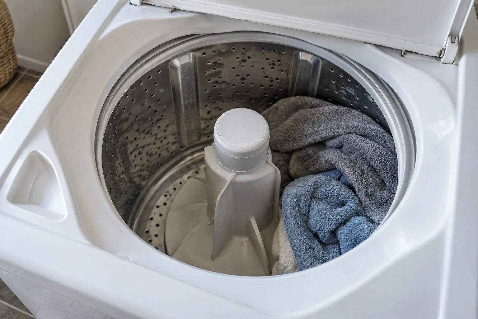 A bulky towel load gathered on one side of an open, stationary top-load washer.